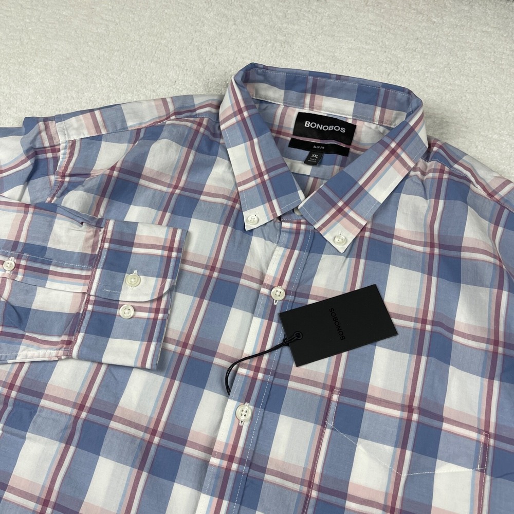 Bonobos Shirt Men's 2XL XXL Button Up Plaid Slim‎ Fit Pink White